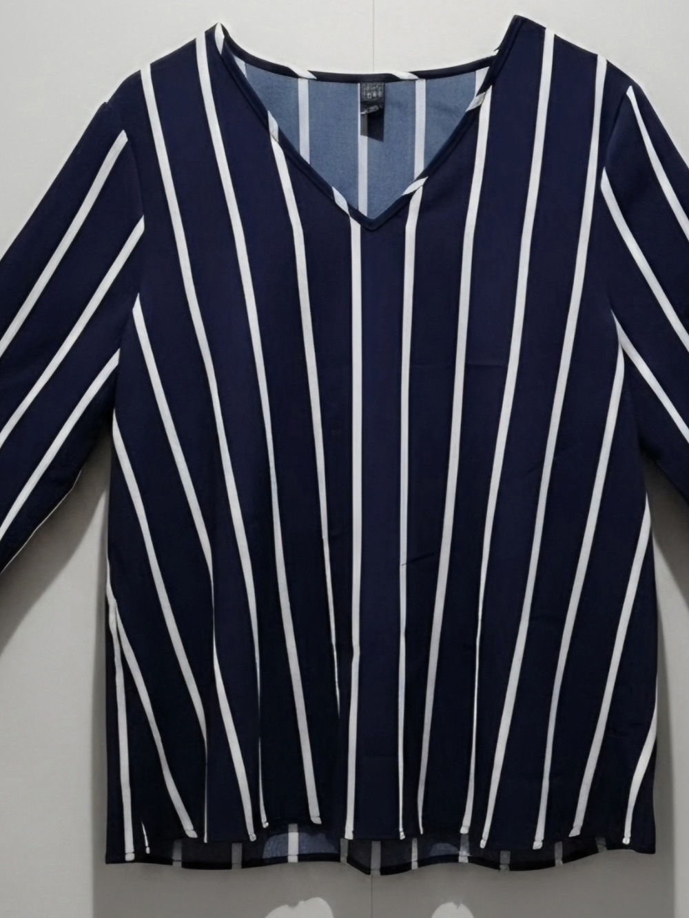 Navy & White Vertical Stripe V-Neck Long Sleeve Shirt